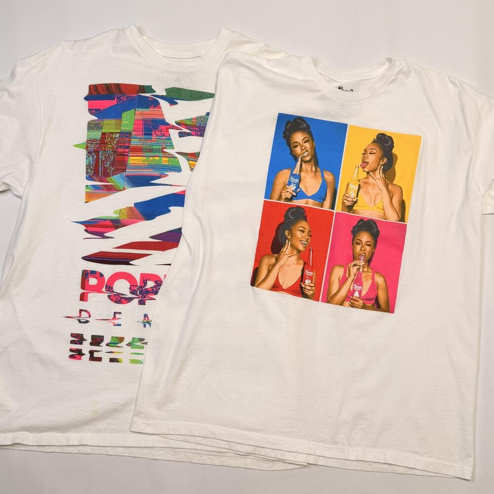 Popular Demand Shirt Mens XL White Graphic Tee Lot 2 Soda Art Streetwear